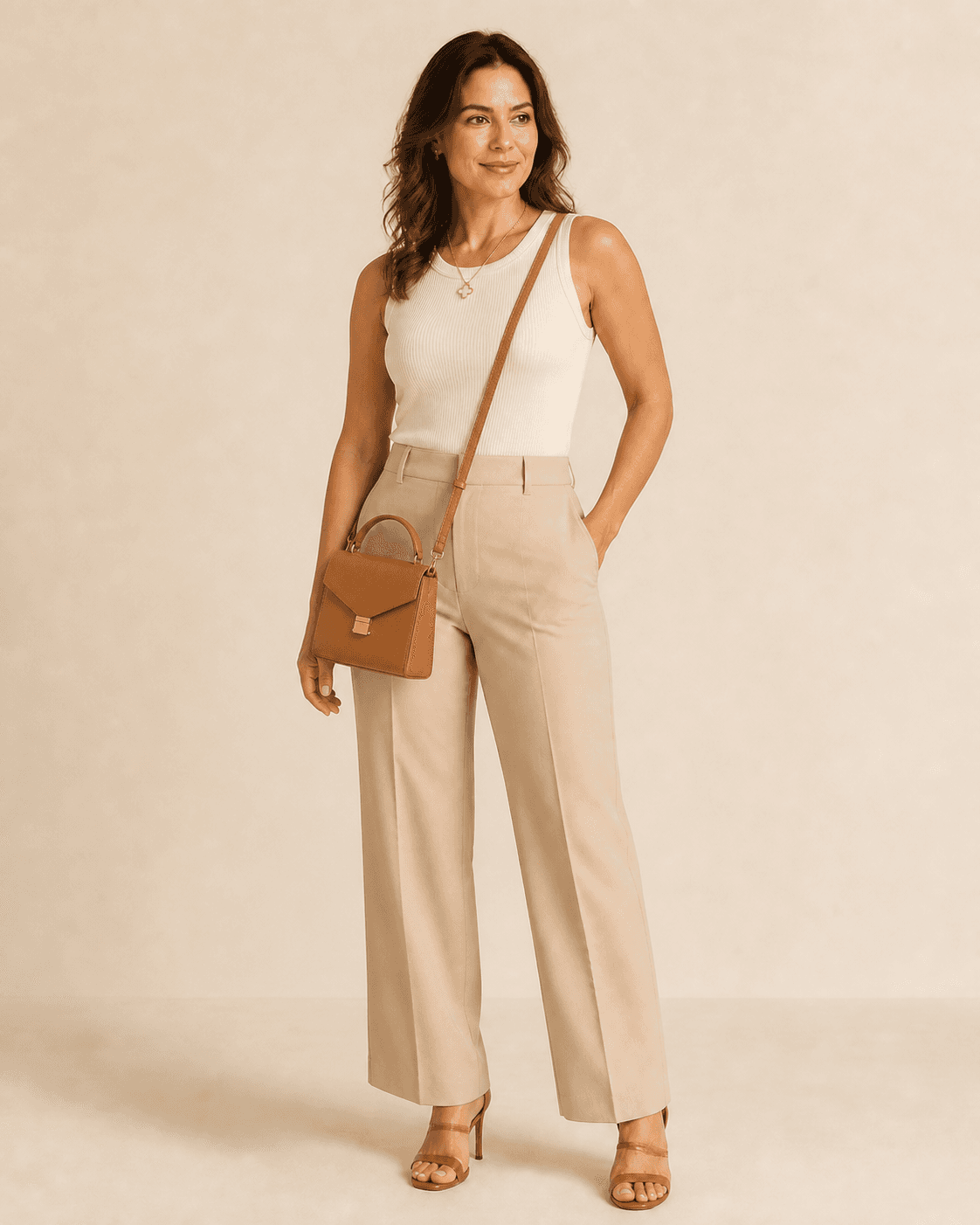 Mulher usando regata off-white, calça bege de alfaiataria, sandália caramelo, bolsa transversal e colar dourado