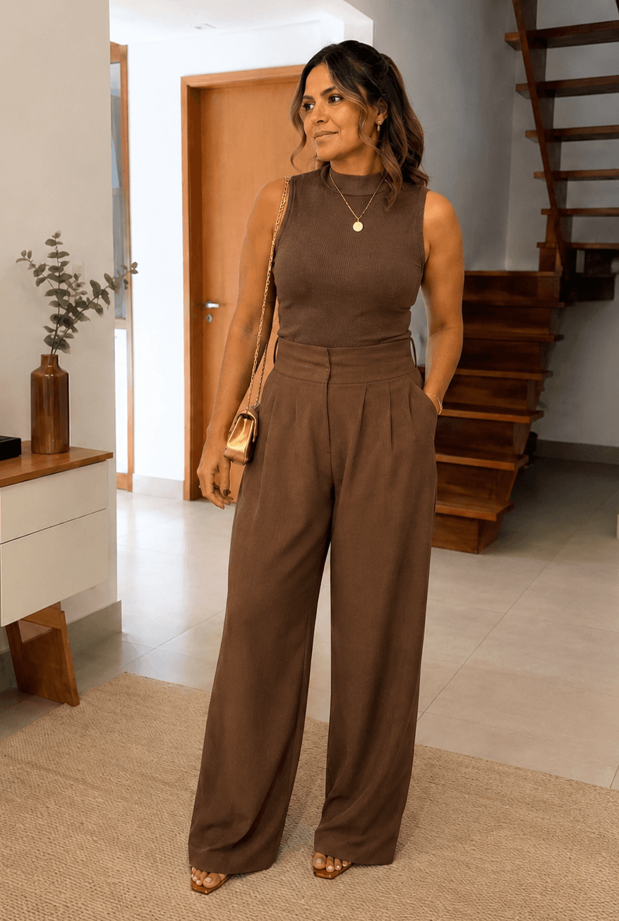 Look marrom monocromático antes dos ajustes de styling