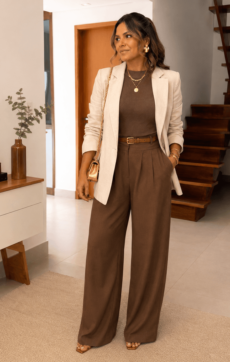 Look marrom com blazer claro, cinto e acessórios dourados